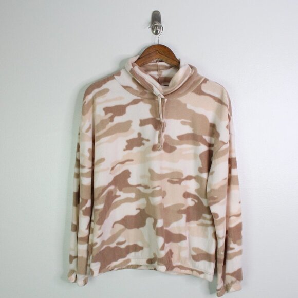 Derek Heart Neutral Camo‎ Drawstring Cowl Neck Fleece Pullover L - Picture 1 of 5